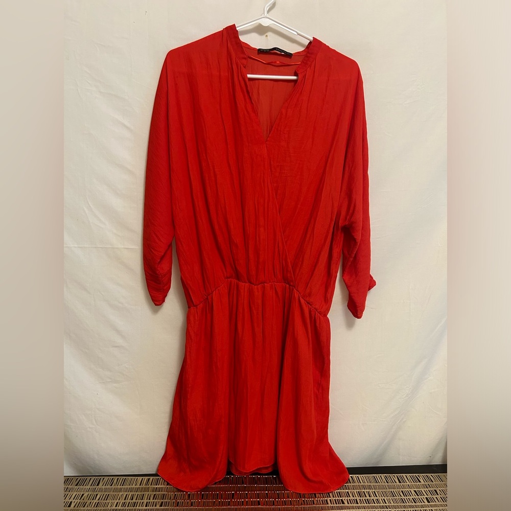 Zara Basic Red 3/4 Sleeve Faux Wrap Lined Mini Dress Size Medium‎